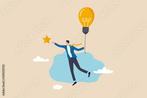 Creativity or innovation to help reach business goal, lightbulb idea to success, leadership to get solution to achieve goal, smart businessman flying with lightbulb idea to catch star in the sky.