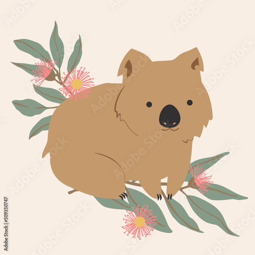 Native Exotic Australian Animals Isolated with Eucalyptus Floral Blossom Gum Leaves Wombat Bear