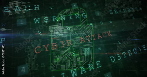 Image of security padlock and data processing over black background