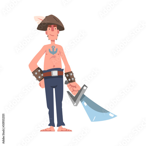 Barefoot Pirate or Buccaneer with Sharp Saber Standing and Smiling Vector Illustration