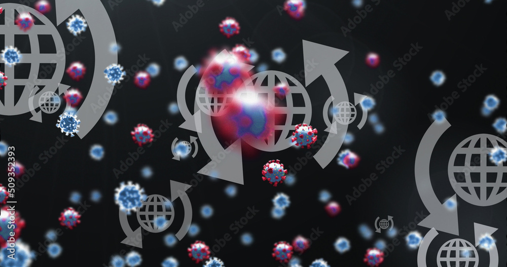 Fototapeta premium Image of virus cells over globe icons