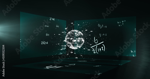 Image of globe and scientific formulae over screens