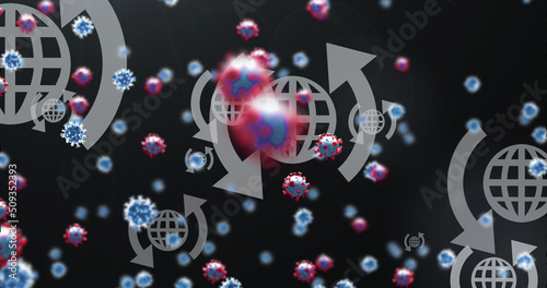 Image of virus cells over globe icons