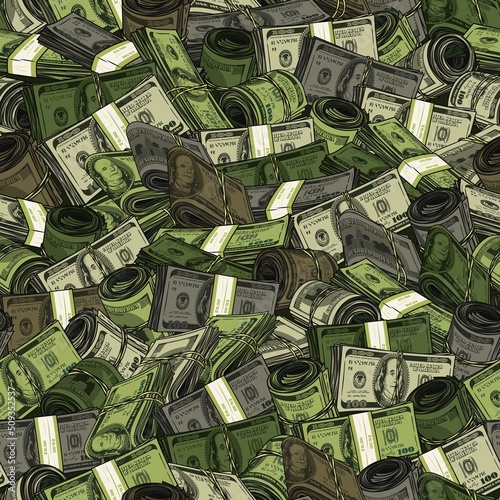 Green khaki camouflage seamless pattern with dollar wads, rolls, stacks. 100 US dollar banknotes. Huge amount of money. Messy dense composition. Detailed vintage vector illustration.