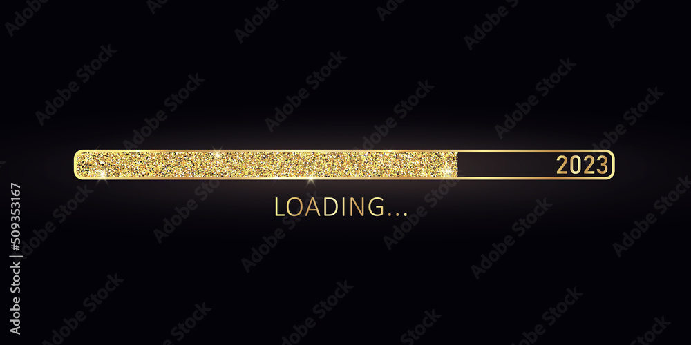 2023 New Year gold progress bar. Golden loading bar with glitter particles on black background for Christmas greeting card. Design template for holiday party invitation. Concept of festive banner 2023 New Year gold progress bar. Golden loading bar with glitter particles on black background for Christmas greeting card. Design template for holiday party invitation. Concept of festive banner