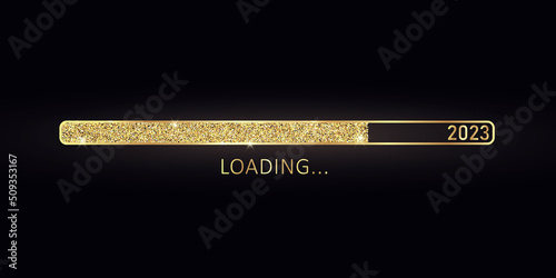 2023 New Year gold progress bar. Golden loading bar with glitter particles on black background for Christmas greeting card. Design template for holiday party invitation. Concept of festive banner