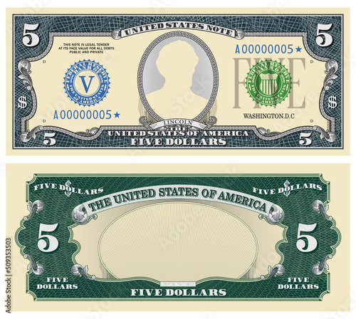 Fictional template obverse and reverse of US paper money. Five dollars banknote. Empty oval and guilloche frames. Linkoln