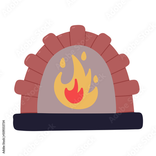 Wood-fired Bricked Oven with Burning Fire Flame for Pizza Cooking Vector Illustration. Traditional Stone Stove in Pizzeria