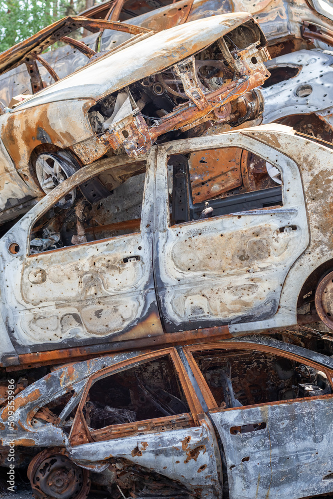 Fototapeta premium A lot of rusty burnt cars in Irpen, after being shot by the Russian military. Russia's war against Ukraine. Cemetery of destroyed cars of civilians who tried to evacuate from the war zone.