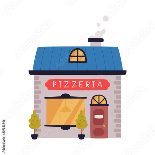 Facade of Pizzeria with Signboard and Steaming Chimney Vector Illustration