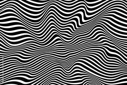 Curved wave lines background. Trendy twisted stripes texture illustration. Abstract black and white wave pattern