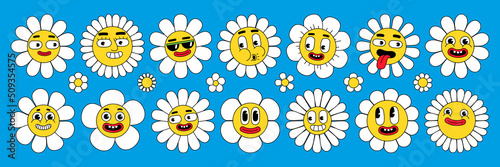 Groovy flower cartoon characters. Funny happy daisy with eyes and smile. Sticker pack in trendy retro cartoon style. Isolated vector illustration. Hippie 60s, 70s style. Flower power.
