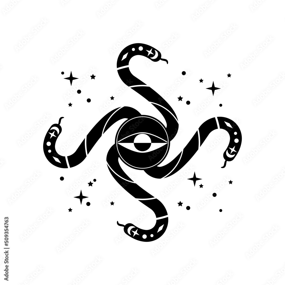 Fototapeta premium Black snake with eye and celestial stars mystic witch boho tattoo flat vector icon design.