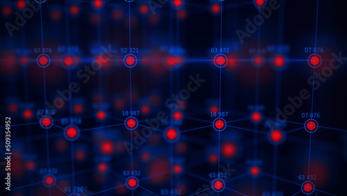 Ordered structure with red circles and blue numbers. Futuristic infografic. Financial analytics. Network connection. Technology blockchain concept. Connecting dots and lines on dark background. 3d