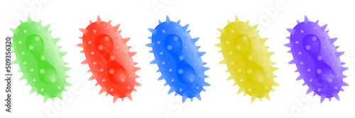 Close-up virus or bacteria molecule. Pox, monkeypox, smallpox cell of red, blue, green, yellow and purple color isolated on white. Vector macro virus for medical treatment or research concept.