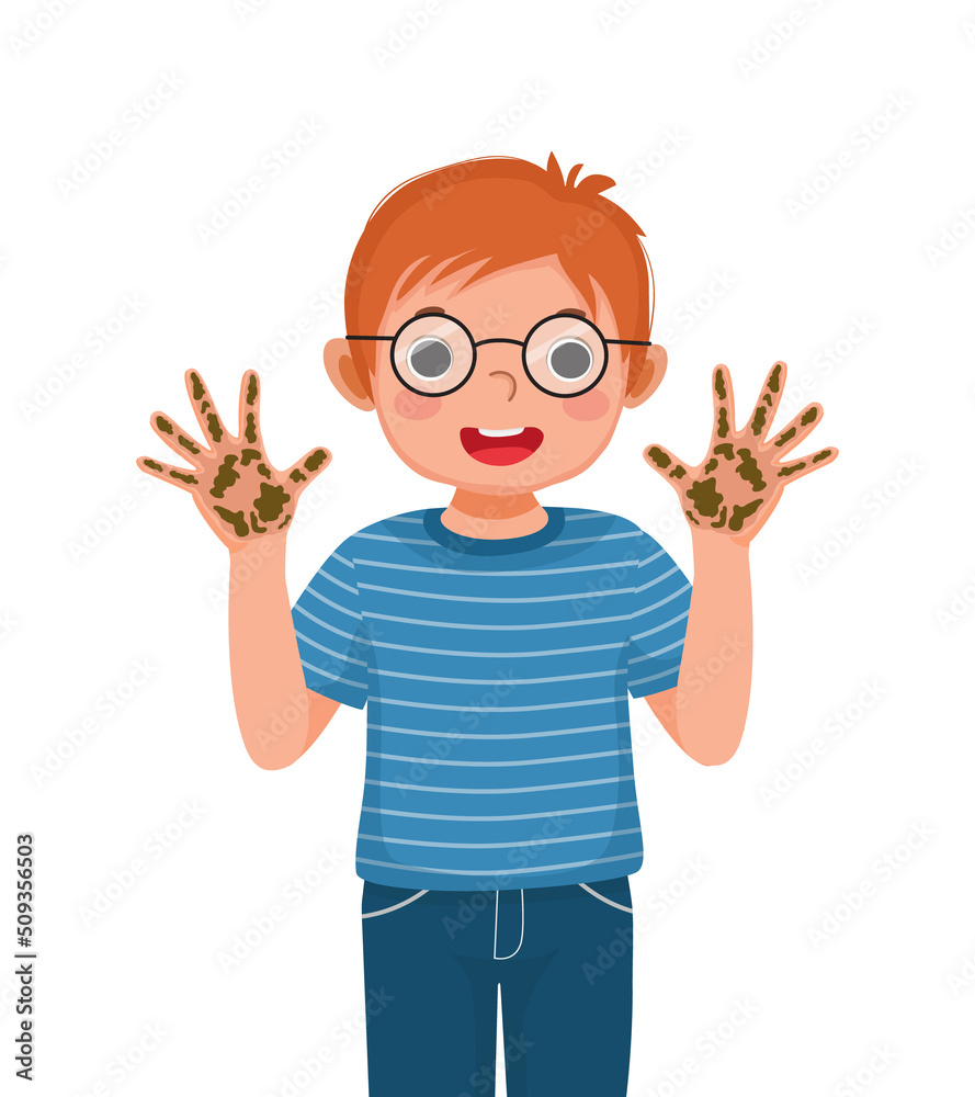 cute little boy showing his dirty hands with mud and soil dirt