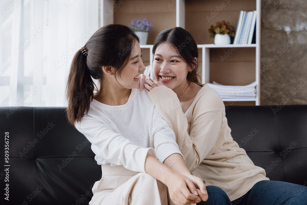 LGBTQ Lesbian. Young asian woman couple love together at home. Smiling and happy time moments. LGBTQ concept.