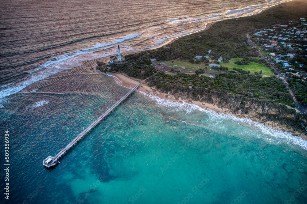 Aerial view of the lighthouse and pier at Point Lonsdale. Victoria, Australia. May 2022