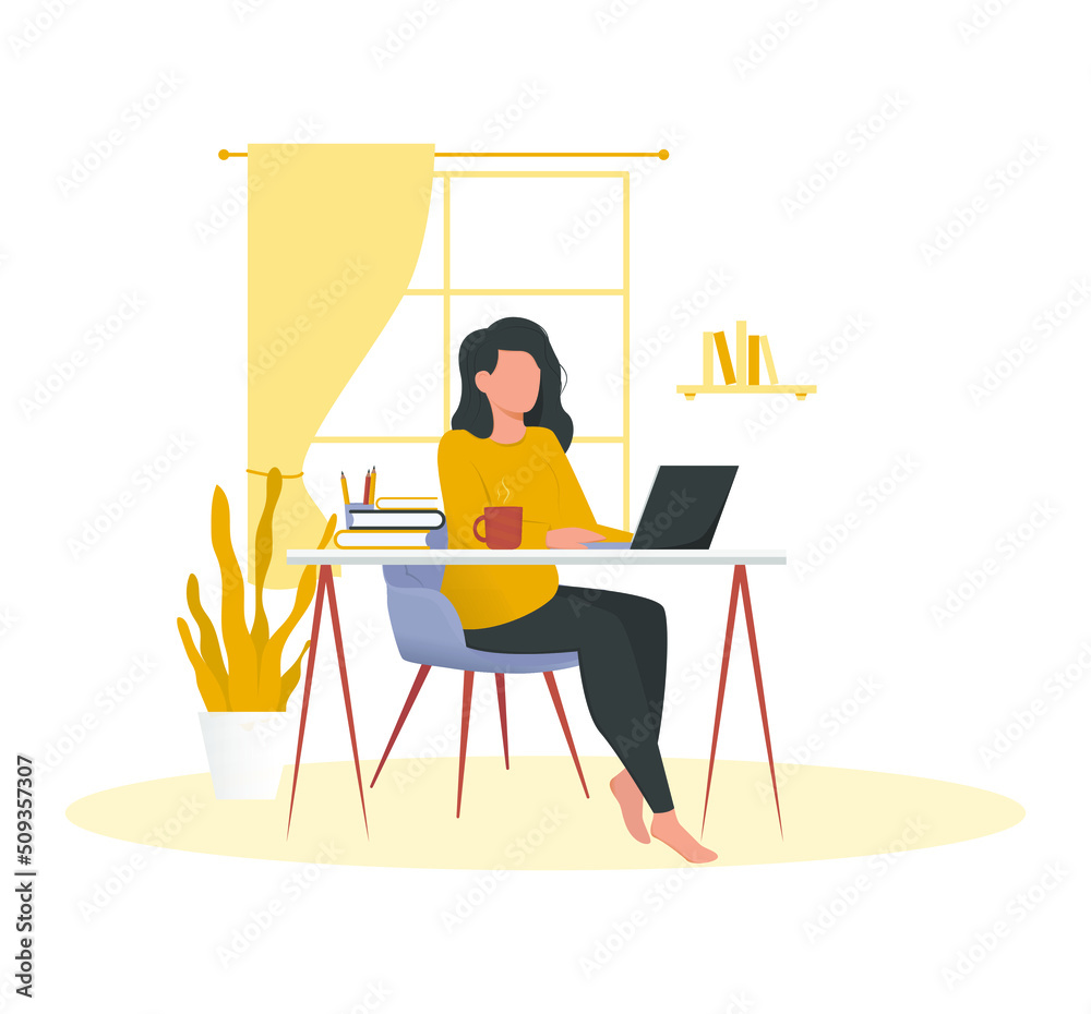 Home office concept, woman working at home, student or freelancer. Vector illustration 