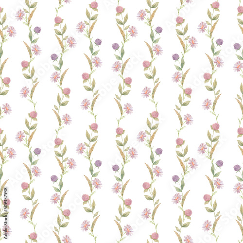 Seamless  surface  pattern  texture  with wild field flowers. Hand painted watercolor.