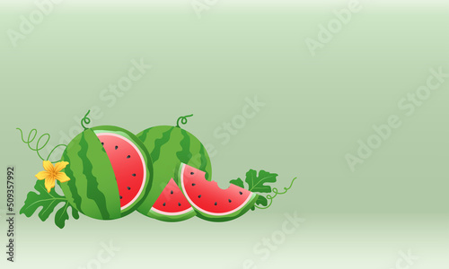 Watermelon and juicy slices banner, flat design of green leaves and watermelon flower illustration, Fresh and juicy fruit concept of summer food.