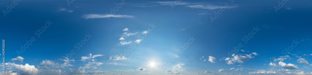 blue sky hdri 360 panorama with white beautiful clouds. Seamless panorama with zenith for use in 3d graphics or game development as sky dome or edit drone shot for sky replacement