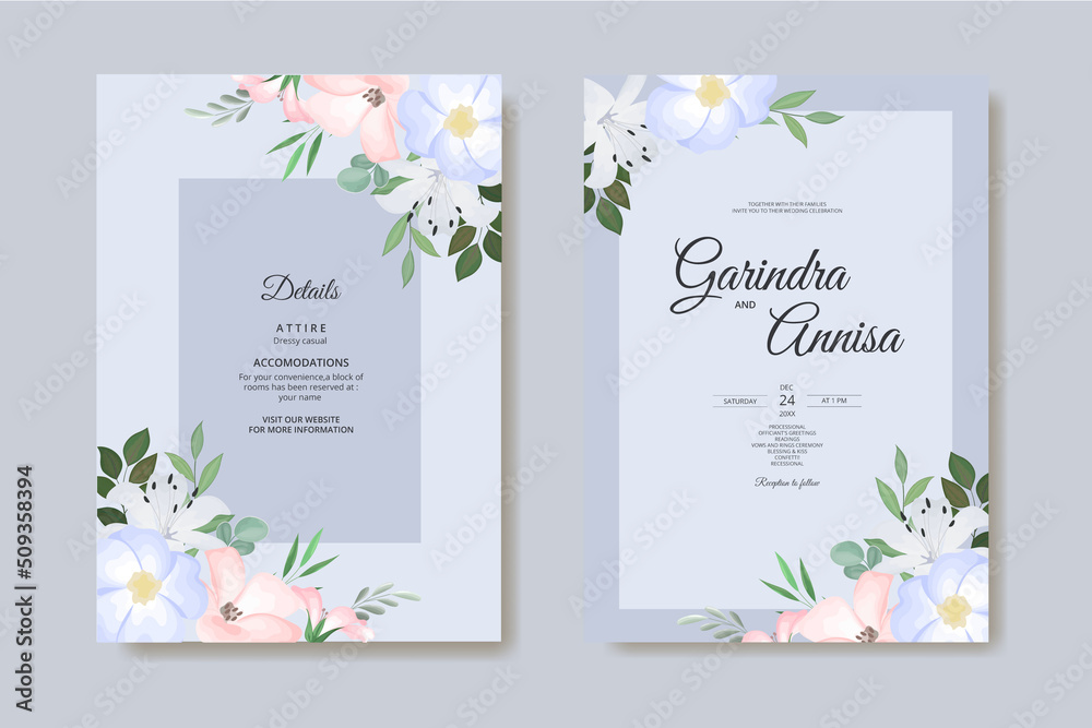  Wedding invitation card template set with beautiful colouful floral leaves Premium Vector
