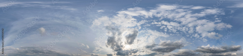 Sky panorama on sunset with Cumulus clouds in Seamless spherical equirectangular format as full zenith for use in 3D graphics, game and in aerial drone 360 degree panoramas for sky replacement.