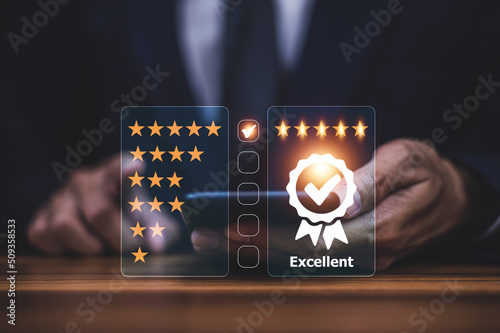 Businessman rating feedback online service giving five star best excellent