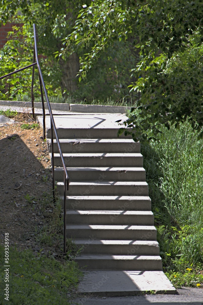 Concrete stairs in the alley of the city park on a summer day