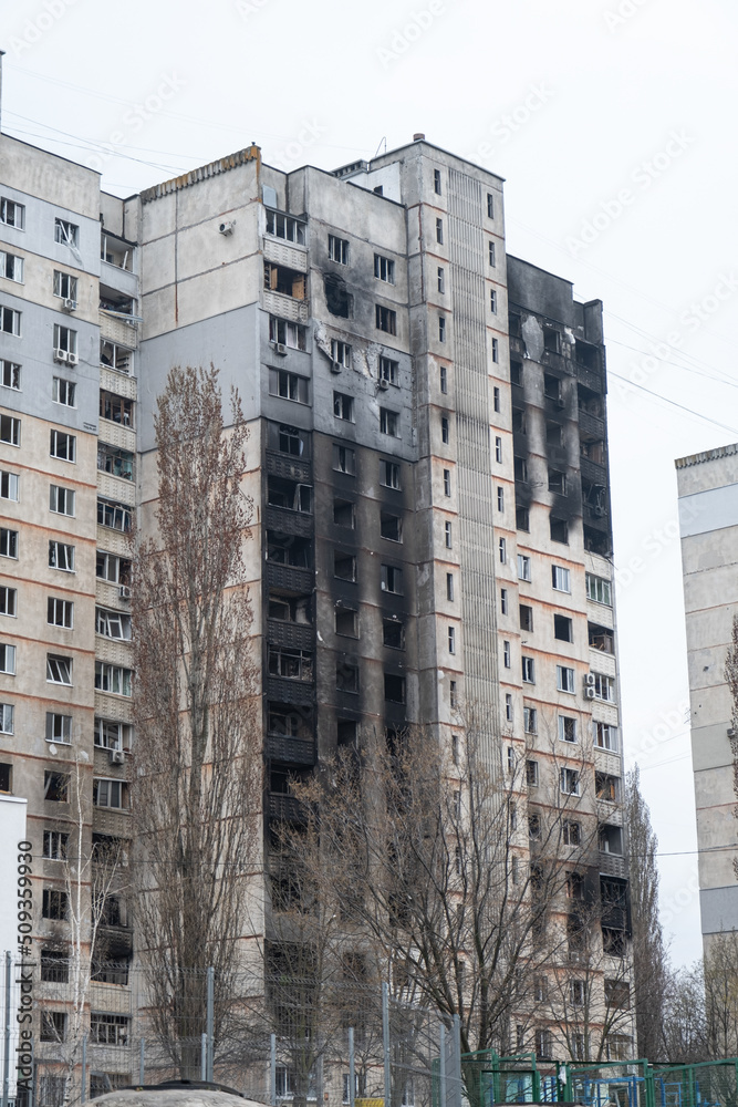 Fototapeta premium War in Ukraine 2022. Destroyed, bombed and burned residential building after Russian missiles in Kharkiv Ukraine. Russian aggression, conflict. Russian attack on Ukraine. Russia is bombing Ukraine