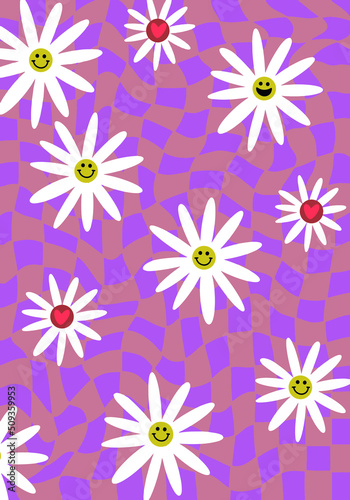 Abstract vector psychedelic funny pattern with ditsy flowers. Groovy and fun vector print with smiled faces in cartoon style. Retro 60s, 70s