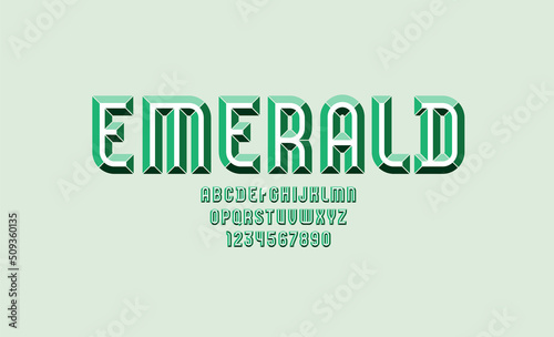Alphabet from emerald chiseled block, facet font, beveled letters and numbers