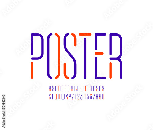 Font from thin line, multi colored alphabet, rounded condensed letters and numbers, vector illustration 10EPS