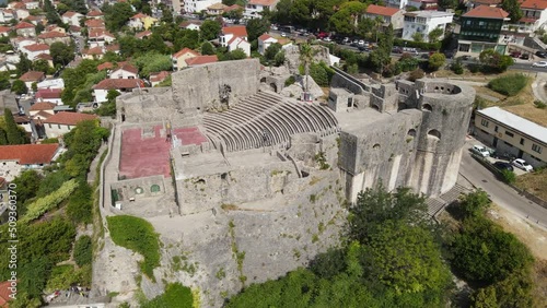 Kanli Kula Fortress, Herceg Novi, Montenegro. Drone Aerial View of Medieval Fort on Sunny Summer Day photo