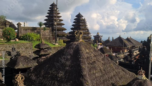 Pura Besakih Mother Hindu Temple, Mesu Towers and Pagoda Structures on Sunny Evening, Bali Island, Indonesia photo