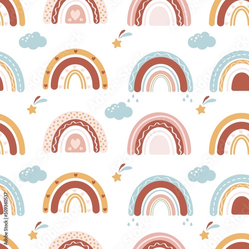 Seamless pattern with hand drawn rainbows.