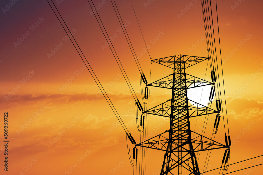 Silhouette of large high voltage transmission towers with clipping path