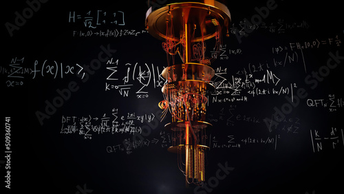 A model of a quantum computer against the background of formulas, a quantum factorization algorithm. 3D render. New technologies in parallel computing, scientific and technical achievements, concept.