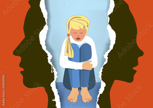 Divorced parents and sad litlle girl.
Torn paper with man, woman and child stylized silhouettes symbolizing the effect of divorce on the child.