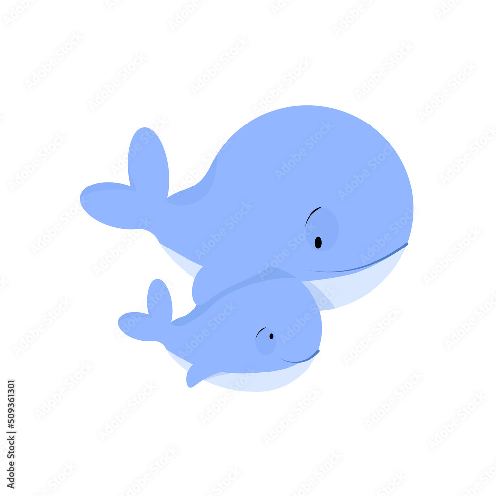 Two blue whales, small and large, swim Two blue whales, small and large, swim