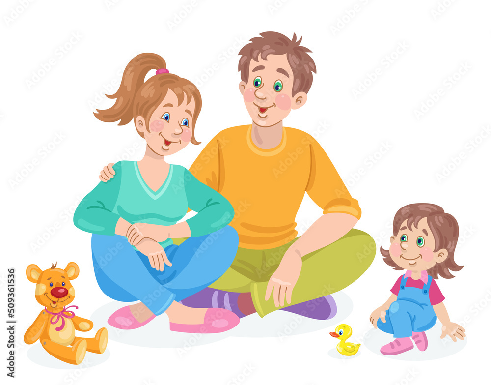 Happy family. Young parents with little daughter are sitting together on the floor. In cartoon style. Isolated on white background. Vector illustration Happy family. Young parents with little daughter are sitting together on the floor. In cartoon style. Isolated on white background. Vector illustration