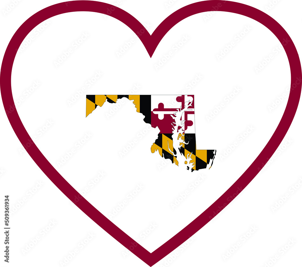 Map of US federal state of Maryland with state flag inside white heart shape with blue stroke Map of US federal state of Maryland with state flag inside white heart shape with blue stroke