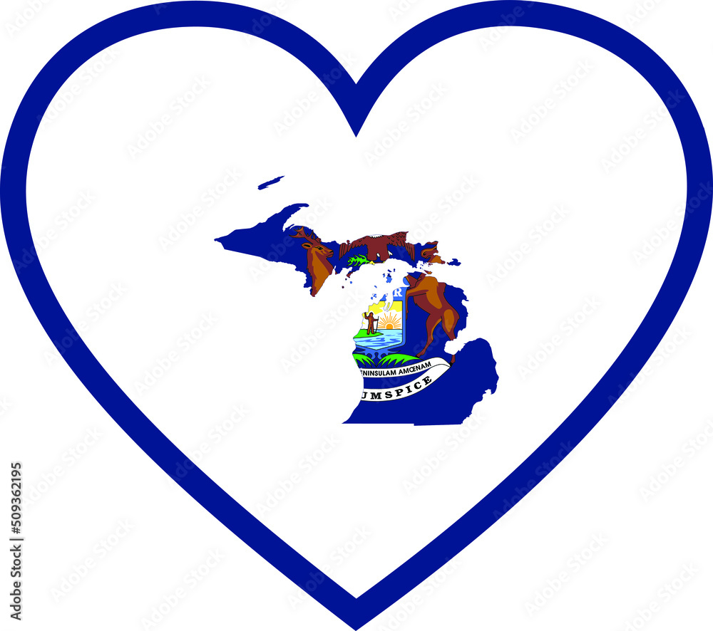 Map of US federal state of Michigan with state flag inside white heart shape with blue stroke