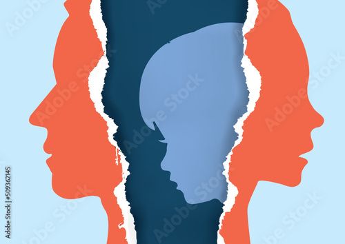 Divorced parents and sad child.
Torn paper with man, woman and child stylized silhouettes symbolizing the effect of divorce on the child.
