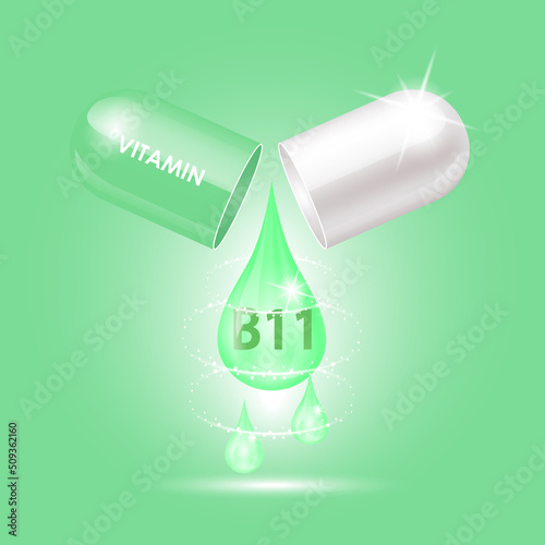 Capsule vitamin B11 (Thiamine) structure green, white opened as drop of water. 3D Vector Illustration. Personal care, beauty concept.Vitamin complex with chemical formula. Drug business concept.