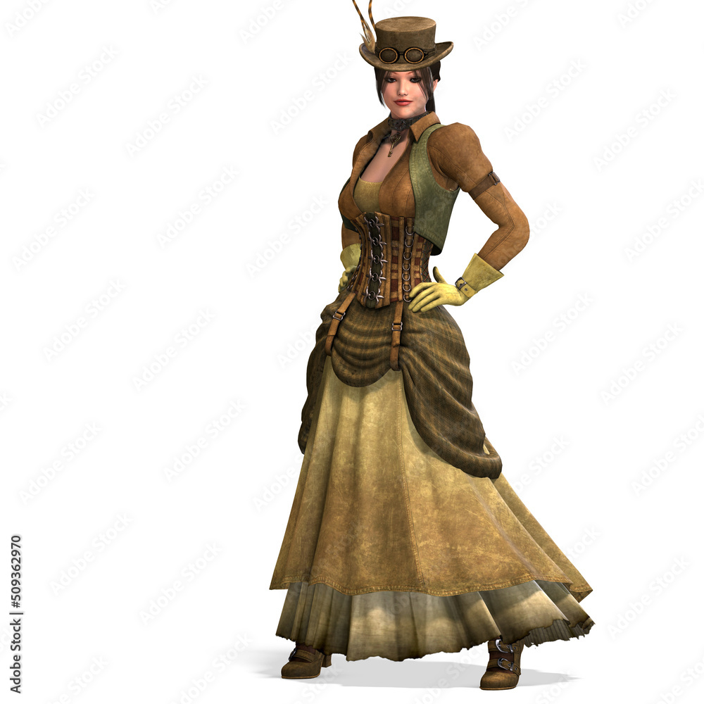3D-illustration of a steampunk girl with a victorian dress