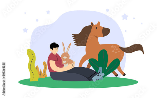 Man Care of Animals Template. Happy man Character Playing and Feeding Cute Little Rabbits and horse in Contact Zoo Park. Excursion to Ranch or Village Farmyard Leisure. Cartoon Vector Illustration EPS