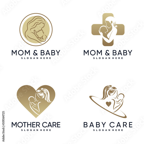 Set bundle of mom and baby logo design inspiration with creative concept Premium Vector