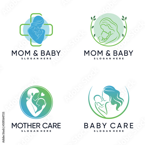 Set bundle of mom and baby logo design inspiration with creative concept Premium Vector